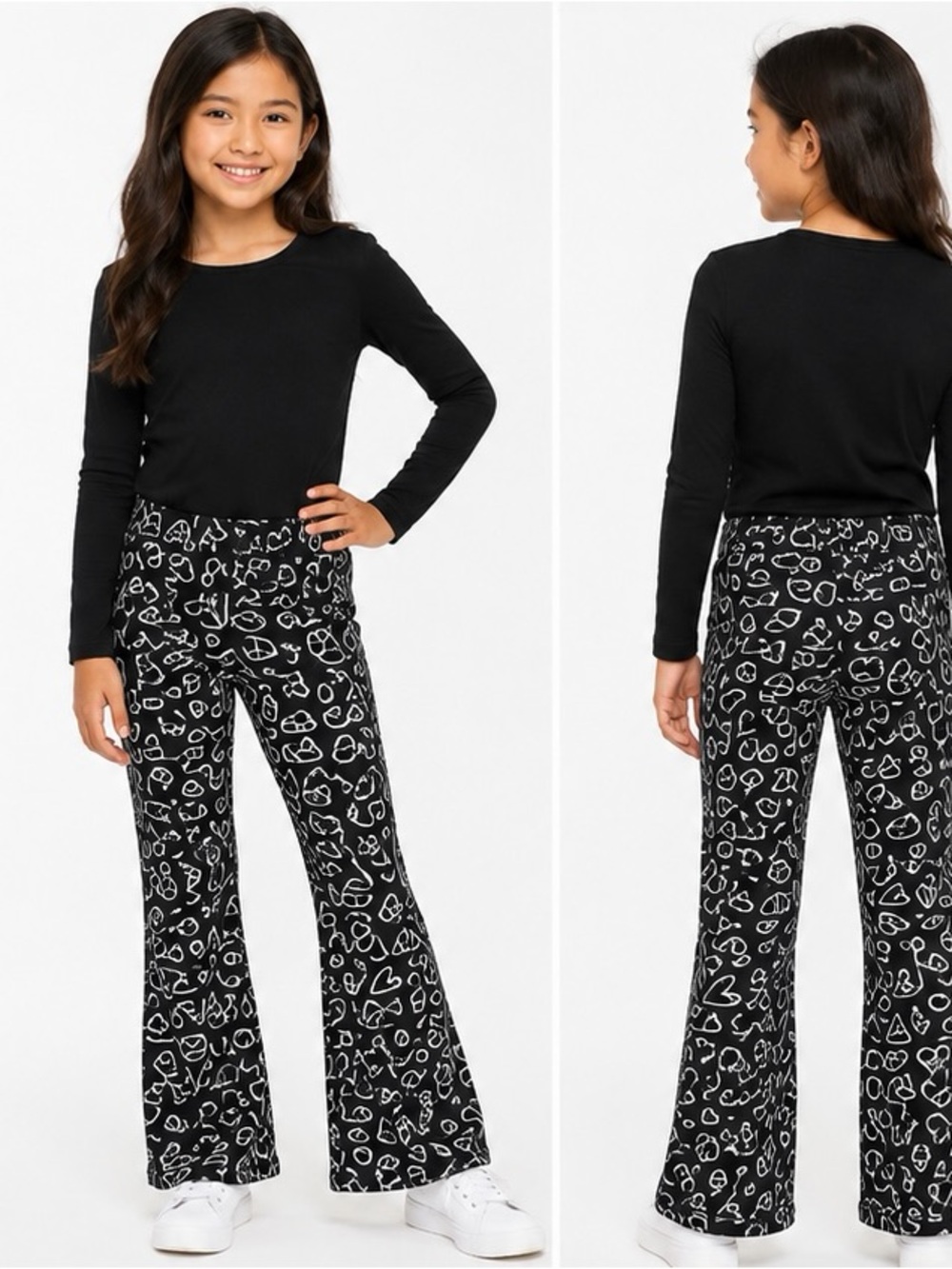 Vince Camuto Girls Size 7 Heart Print Flare Pants Black White Pull On Stretch